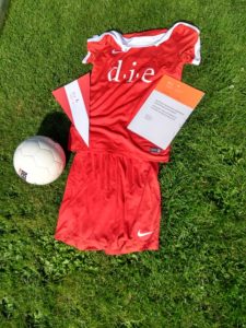 Trikot des DIE mit Discussion Paper, Wimpel und Fußball