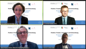Screenshot Podiumsdiskussion “Freiheit, Frieden, Sicherheit und Entwicklung. Die Vereinten Nationen zwischen Anspruch und Wirklichkeit“