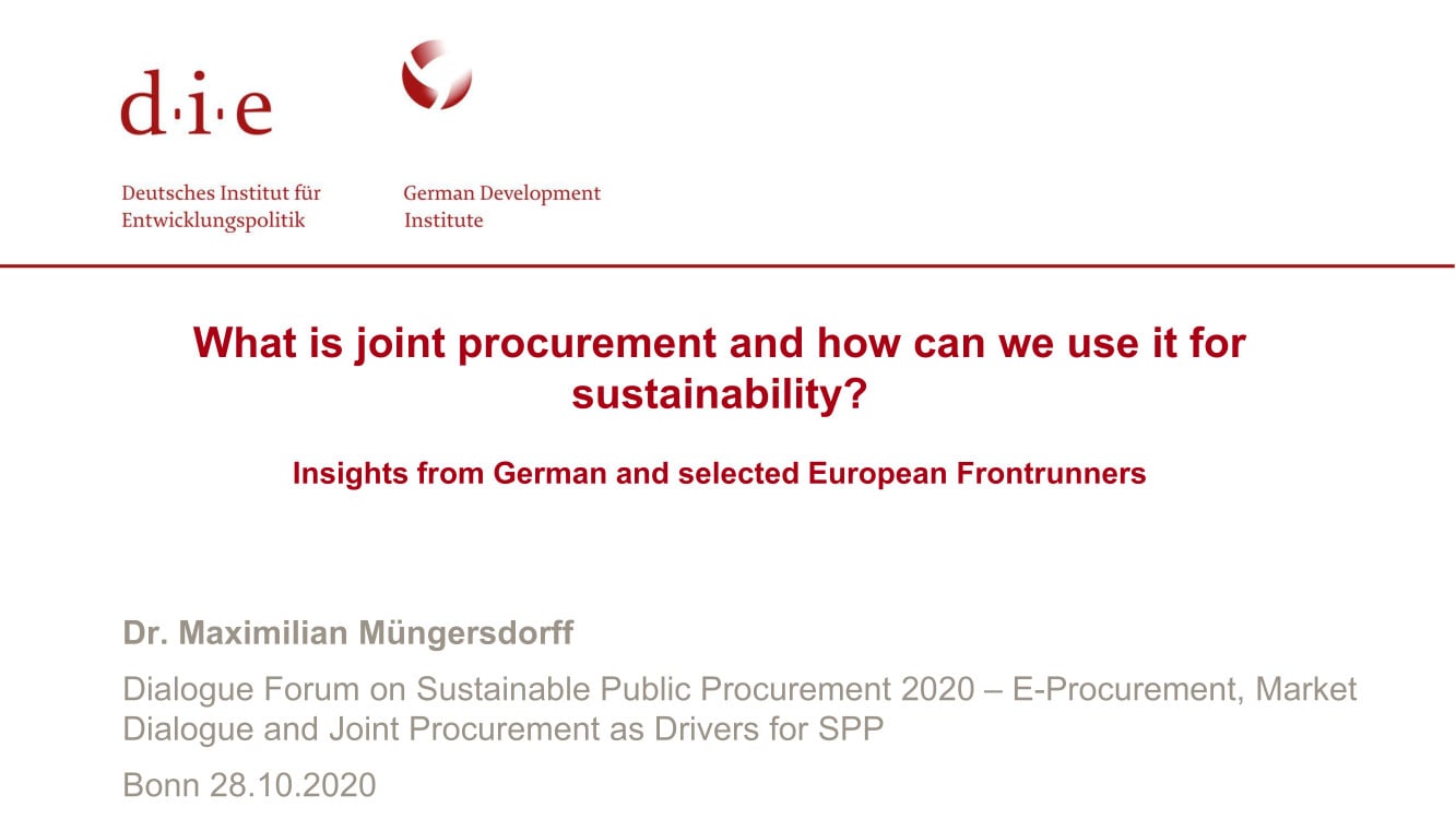 Presentation: What is joint procurement and how can we use it for sustainability? - Insights from German and selected European Frontrunners - Maximilian Müngersdorff, German Development Institute / Deutsches Institut für Entwicklungspolitik (DIE)