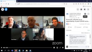 Screenshot: Event series Until debt tear us apart? , facebook-session with Markus Loewe, Mustapha Nabli, Henrik Mayer, Hans Frühauf and Ayat Solman