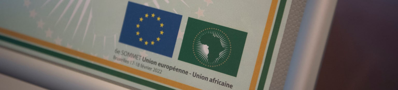 Photo: Flags of African Union and European Union on the Paul Kagame AU-EU Summit | Brussels, 18 February 2022