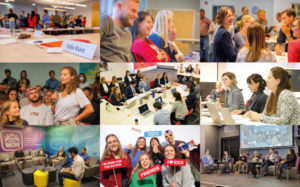 Collage: 9 pictures from the postgraduate program, showing, among other things, laughing participants, people as a panel on stage, or several people working with laptops at a conference table.