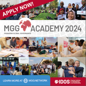 Collage: 9 pictures of former MGG Academy courses, including laughing or working participants, a group photo and a session in the park. As well as lettering with "MGG Academy 2024" and "Apply now!"