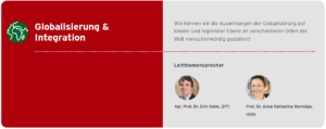 Screenshot: Schwerpunkttehme der JRF "Globalisierung&Integration". "Wie können wir die Auswirkungen der Globalisierung auf lokaler und regionaler Ebene an verschiedenen Orten der Welt menschenwürdig gestalten?" Leitthemensprecher: Apl. Prof. Dr. Dirk Halm, ZfTI (Stiftung Zentrum für Türkeistudien und Integrationsforschung) und Prof. Dr. Anna-Katharina Hornidge (IDOS)