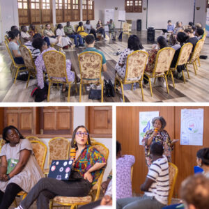 Collage: Three photos showing one of the events of the Shaping Futures Programme, where participants were engaging with each other in a Chair circle. 