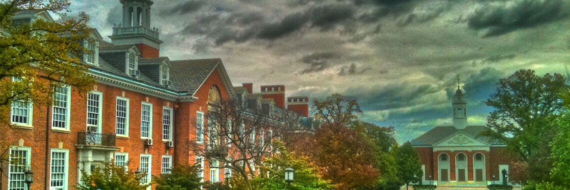 Photo of the Johns Hopkins University in Baltimore with dark clouds in heaven.