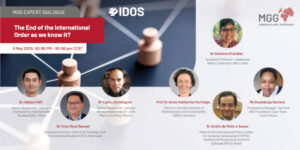 Eventkarte: Darstellung der Daten der Veranstaltung mit Namen und Fotos der Expert*innen.Von oben links nach unten: "MGG Expert Dialogue", "The End of the International Order as we know it?", "8 May 2025: 03:00 PM – 05:00 pm CEST". Die Expert*innen von links nach rechts: Dr Jiahan CAO, Dr Yose Rizal Damuri, Dr Carlos Dominguez, Prof Dr Anna-Katharina Hornidge, Dr André de Mello e Souza, Ms Kealeboga Ramaru. Und oben: Dr Santana Khanikar.