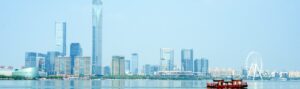 Skyline of a Chinese City with a view on the harbour