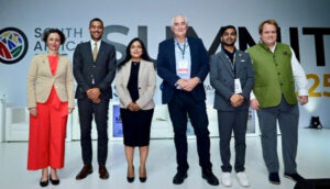 Think20 Summit panel: Anna-Katharina Hornidge, Efraim Gomez, Shameela Soobramoney, Stephen Devereux, Levi Singh, Nicolas Buchoud.