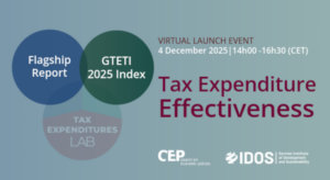 Grafik: Virtual Launch Event. 4 December 2025. 14 bis 16.30 Uhr (CET). Tax Ependiture Effectiveness. Von CEP und IDOS. Links sind 3 Blasen. 1. Blase: Flagship report, 2. Blase: GTETI 2025 Index, 3. Blase: TAX Expenditures LAB.