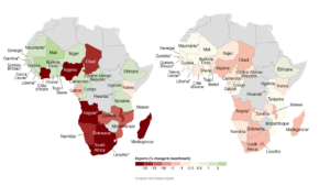 This map shows the percentage change in exports from AGOA-eligible countries to the United States under “reciprocal” US tariffs. Higher values are displayed in darker shades. Data source: Datawrapper.