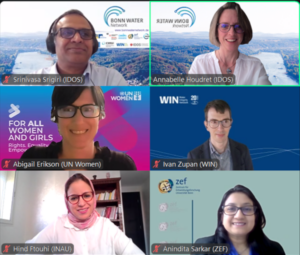 Screenshot: Srinivasa Srigiri (IDOS), Annabelle Houdret (IDOS), Abigail Erikson (UN Women), Ivan Zupan (WIN), Hind Ftouhi (INAU) and Anindita Sarkar (ZEF) during an online meeting.