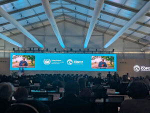 Photo: Banner of the COP17 in a conference room.